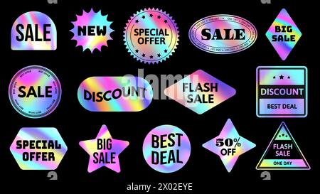 Promotional holographic stickers. Iridescent neon gradient sale and discount badges vector set Stock Vector