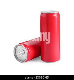 Energy drinks in red aluminum cans on white background Stock Photo