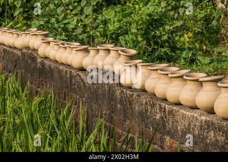 A row of recently thrown pots dries in the sun on a brick wall by a rice field. Stock Photo