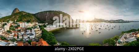 Aerial drone panorama of Urca neighbourhood and surrounding Botafogo and Guanabara Bay, UNESCO, between the Mountain and the Sea Stock Photo