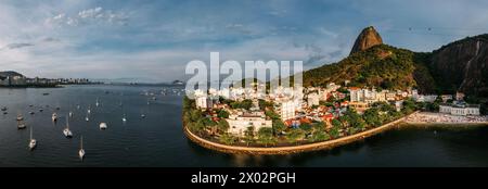 Aerial drone panorama of Urca neighbourhood and surrounding Botafogo and Guanabara Bay, UNESCO, between the Mountain and the Sea Stock Photo