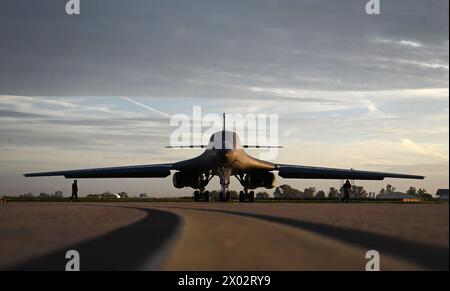 A B-1B Lancer assigned to Dyess Air Force Base, Texas, sits on the flightline during Bomber Task Force 24-2 at Morón Air Base, Spain, April 2, 2024. Stock Photo