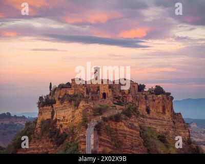 The beautiful village of Civita di Bagnoregio during an autumn sunset, Civita di Bagnoregio, Viterbo, Lazio, Italy, Europe Stock Photo
