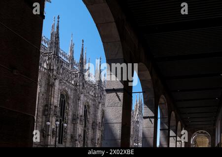 View of Milan Cathedral (Duomo di Milano), dedicated to the Nativity of St. Mary, from a nearby building in the Piazza del Duomo, Milan, Lombardy Stock Photo
