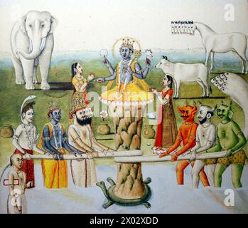 The Samudra Manthana explains the origin of the elixir of eternal life (amrita), 18th century Indian art, Musee Guimet (Guimet Museum), Paris, France Stock Photo