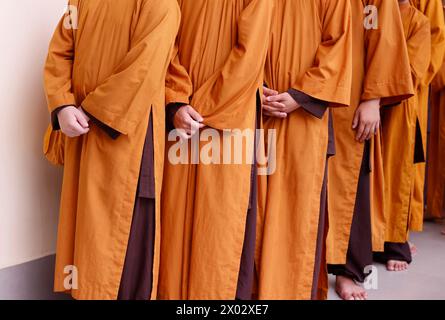 Entrance procession of monks, Buddhist ceremony, Phuoc Hue Buddhist Pagoda, Vietnam, Indochina, Southeast Asia, Asia Stock Photo