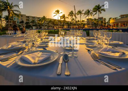 View of set wedding reception table and hotel near Puerto Morelos, Caribbean Coast, Yucatan Peninsula, Mexico, North America Stock Photo