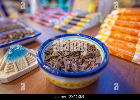 View of Mexican chocolate tasting dishes, Hotel Zone, Cancun, Caribbean Coast, Yucatan Peninsula, Mexico, North America Stock Photo