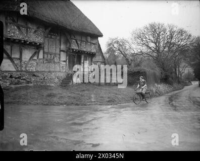 LANDGIRL'S DAY: EVERYDAY LIFE AND AGRICULTURE IN WEST SUSSEX, ENGLAND, UK, 1944 - 29 year old Land Girl Rosalind Cox cycles down a country lane, past a large timber-framed, thatched farmhouse on her way to the grain dryer on Mr Tupper's farm, at Bignor, West Sussex Stock Photo