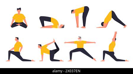 Man characters practicing pilates or yoga session Stock Vector