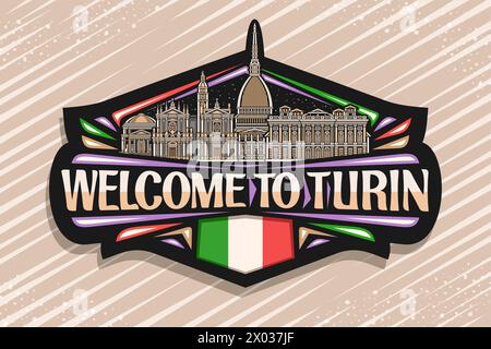 Vector logo for Turin, black decorative tag with outline illustration of historical panoramic turin city scape on dusk sky background, line art design Stock Vector