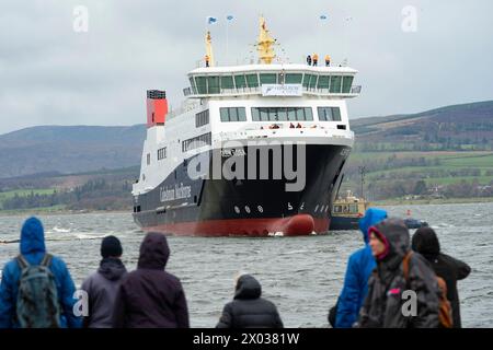 Port Glasgow,Scotland, UK. 9th April, 2024. Launch of the MV Glen Rosa passenger ferry from Ferguson Marine shipyard in Port Glasgow today.  The much delayed and over budget ferry for Caledonian MacBrayne slid down the slipway at 1.30pm and was moored alongside the shipyard to be fitted out. Iain Masterton/Alamy Live News Stock Photo