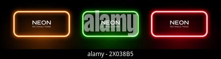 Neon rectangle frame with glow. Border with laser light effect. Led banners templates in orange, red and green colors. Vector set of fluorescent shapes. Stock Vector