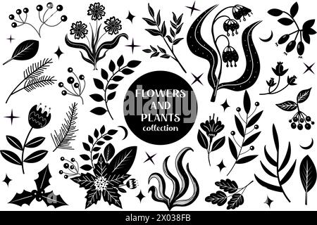 Set of black abstract flowers and leaves.botanical linocut plant and organic elements, herbs print. vector illustration Stock Vector