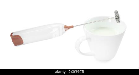 Milk frother wand and cup isolated on white Stock Photo