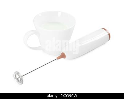 Milk frother wand and cup isolated on white Stock Photo