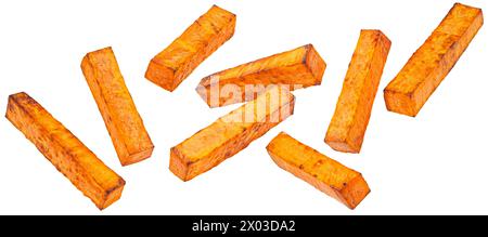 Baked sweet potato sticks isolated on white background Stock Photo