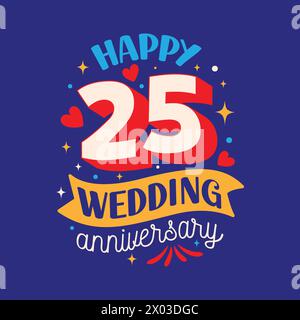 Happy 25 wedding anniversary logo design with 3D letter, heats, stars and confetti elements. Celebrating 25 Year Anniversary typography vector Stock Vector