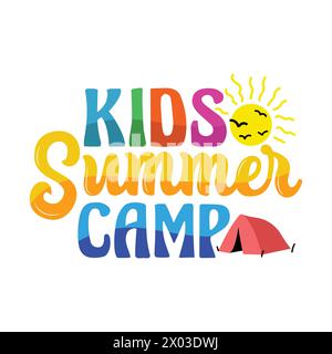 Kids Summer camp colorful poster design with sun, birds, tent vector illustration. Summer camp retro lettering banner. Summer days template design Stock Vector