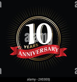 10 years anniversary logo design with ribbon and celebration elements. Company 10 year anniversary badge. 10 TH birthday sign and symbol. Golden color Stock Vector