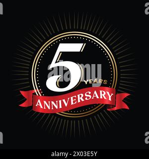 5 years anniversary logo design with ribbon and celebration elements. Company 5 year anniversary badge. 5 TH birthday sign and symbol. Golden color Stock Vector