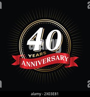 40 years anniversary logo design with red color ribbon and gold shiny circle celebration elements. 40 TH wedding anniversary poster, template. Company Stock Vector