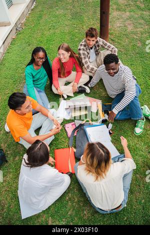 Vertical. Multiracial students using a laptop computert sitting in a circle on the grass, doing homework outside at university campus. Young high school people working on a academy task or schoolwork. High quality photo Stock Photo