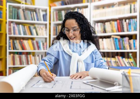 Focused female architect reviewing blueprints at a library table, with a positive expression and books in the background. Stock Photo