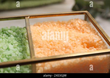 Different types of sea salt on table, closeup Stock Photo