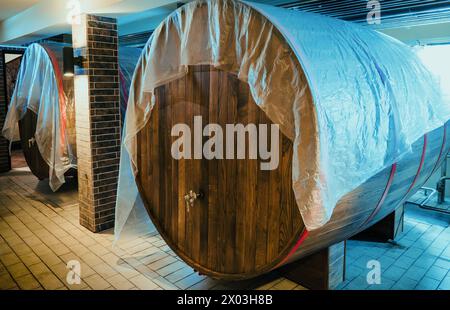 Wooden casks in brewery aging cellar, undergoing time-honored process of conditioning to enrich flavor of craft beer. Stock Photo