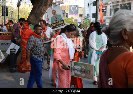 Chennai City, Tamil Nadu, India. 9th Apr, 2024. Chennai, India, 9th March 2024.Indian Prime Minister Narendra Modi on a grand .Road show at Pondy Bazaar T.Nagar, ahead of the Public elections to be held on 19th of March. He is accompanied by the contestants of South Chennai, Central Chennai and .North Chennai, for the member of Parliament.Supporters of Modi and BJP claiming 'We want Modi Again''.Seshadri SUKUMAR (Credit Image: © Seshadri Sukumar/ZUMA Press Wire) EDITORIAL USAGE ONLY! Not for Commercial USAGE! Stock Photo