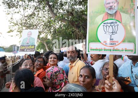 Chennai City, Tamil Nadu, India. 9th Apr, 2024. Chennai, India, 9th March 2024.Indian Prime Minister Narendra Modi on a grand .Road show at Pondy Bazaar T.Nagar, ahead of the Public elections to be held on 19th of March. He is accompanied by the contestants of South Chennai, Central Chennai and .North Chennai, for the member of Parliament.Supporters of Modi and BJP claiming 'We want Modi Again''.Seshadri SUKUMAR (Credit Image: © Seshadri Sukumar/ZUMA Press Wire) EDITORIAL USAGE ONLY! Not for Commercial USAGE! Stock Photo