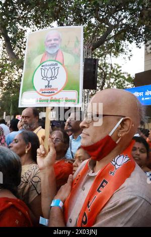 Chennai City, Tamil Nadu, India. 9th Apr, 2024. Chennai, India, 9th March 2024.Indian Prime Minister Narendra Modi on a grand .Road show at Pondy Bazaar T.Nagar, ahead of the Public elections to be held on 19th of March. He is accompanied by the contestants of South Chennai, Central Chennai and .North Chennai, for the member of Parliament.Supporters of Modi and BJP claiming 'We want Modi Again''.Seshadri SUKUMAR (Credit Image: © Seshadri Sukumar/ZUMA Press Wire) EDITORIAL USAGE ONLY! Not for Commercial USAGE! Stock Photo