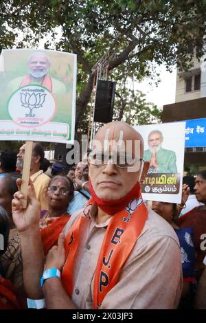 Chennai City, Tamil Nadu, India. 9th Apr, 2024. Chennai, India, 9th March 2024.Indian Prime Minister Narendra Modi on a grand .Road show at Pondy Bazaar T.Nagar, ahead of the Public elections to be held on 19th of March. He is accompanied by the contestants of South Chennai, Central Chennai and .North Chennai, for the member of Parliament.Supporters of Modi and BJP claiming 'We want Modi Again''.Seshadri SUKUMAR (Credit Image: © Seshadri Sukumar/ZUMA Press Wire) EDITORIAL USAGE ONLY! Not for Commercial USAGE! Stock Photo