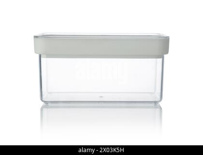 Small plastic transparent closed box isolated on white. Stock Photo
