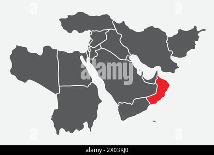 Red map of OMAN inside black map of the Middle East Stock Vector
