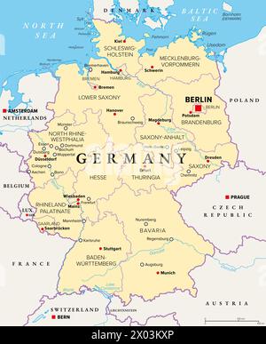 Germany, officially the Federal Republic of Germany, political map. Country in Central Europe with capital Berlin. Consisting of 16 constituent states. Stock Photo