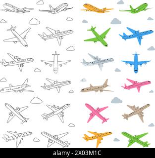 Set of airplanes. Air transport. Air flight symbol. Passenger airplanes. Vector illustration. Stock Vector