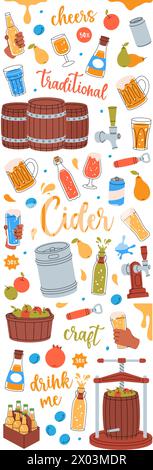 Fruit cider set. Wooden barrels, cans, glasses, mugs, metal keg, bottle opener. Cider process production. Harvest of pears, apples, plums, pomegranate Stock Vector