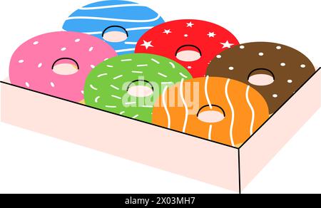 Donuts in open box. Bakery sweet pastry food. Vector illustration. Stock Vector
