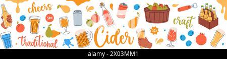 Fruit cider set. Wooden barrels, cans, glasses, mugs, metal keg, bottle opener, tap. Fruit beer collection. Harvest of pears, apples, pomegranate. Stock Vector