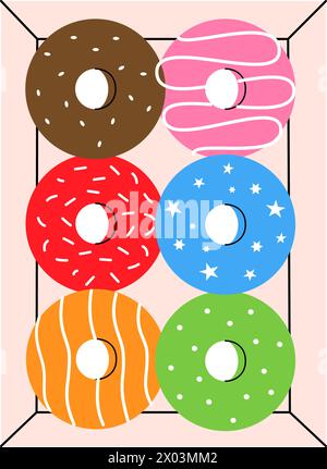 Donuts in the box. Bakery sweet pastry food. Vector illustration. Stock Vector