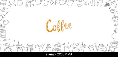 Coffee shop horizontal outline banner. Elements for cafe menu, coffee shop. Beans, cups, pot, package, grinder, filter, machine, portafilter, kettle. Stock Vector