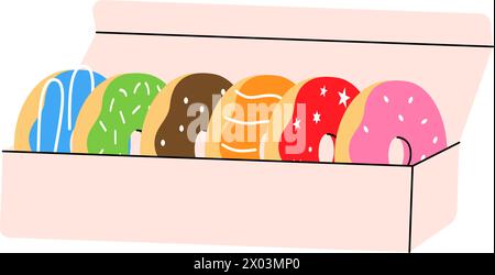 Glazed donuts in carton box. Bakery sweet pastry food. Vector illustration. Stock Vector