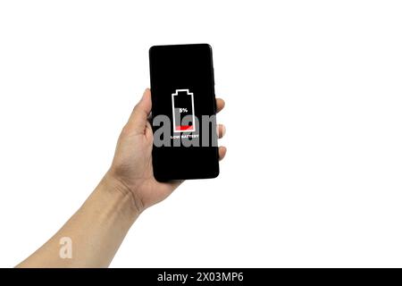 Cellular Problems and Energy Concepts. Man hand holding smart phone with low battery icon on screen isolated on white background. All screen graphics Stock Photo