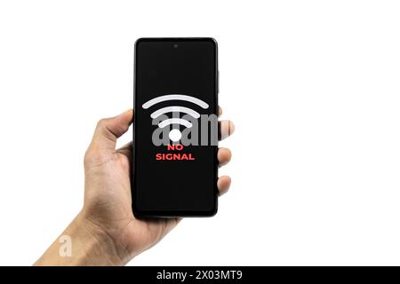 Cellular Problems Concepts. Man hand holding Smart phone with No Signal icon on screen isolated on white background. All screen graphics are made up. Stock Photo