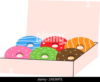 Donuts in a cardboard box. Bakery sweet pastry food. Vector illustration. Stock Vector