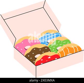 Donuts in a box. Bakery sweet pastry food. Vector illustration. Stock Vector
