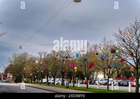 Trees decorated with eggs in the city of Esbjerg, Denmark Stock Photo
