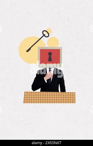 Trend artwork sketch composite 3D photo collage of young guy headless retro vintage computer monitor instead confident unlock key fly Stock Photo